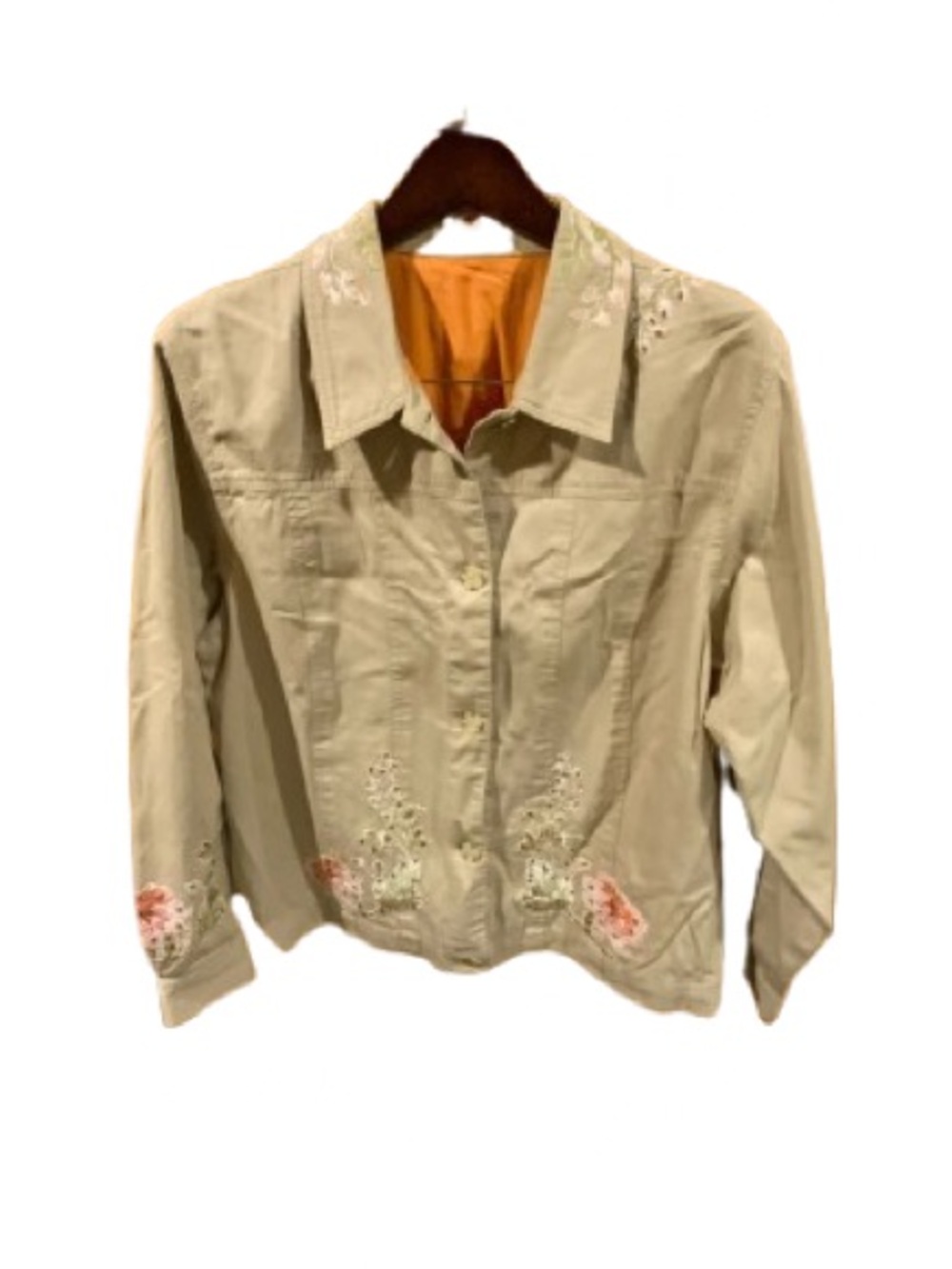 Vtg Women’s Embroidered Denim Jacket-Beige with Pink Floral accents- Cottagecore